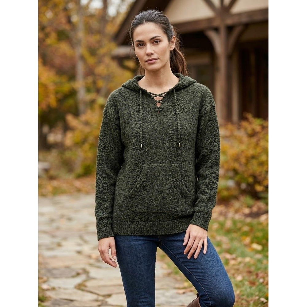 Andean Alpaca Sweater Hoodie Women L Alpaca Wool Blend Green Lace Up Handmade